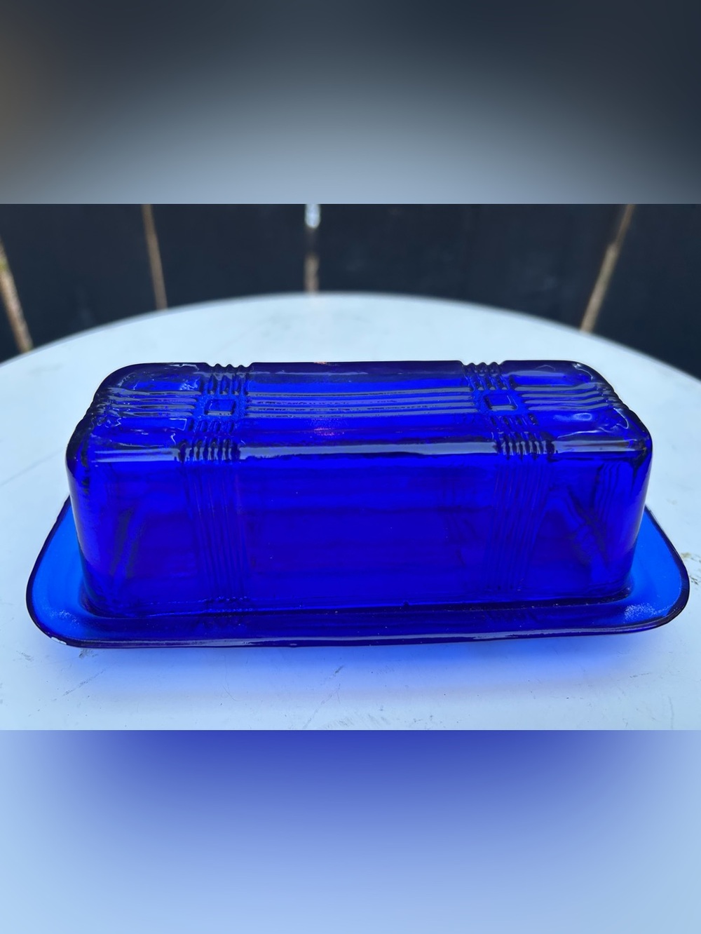 Cobalt Blue Glass Butter Dish - Home Accents vintage Hazel Atlas Criss Cross